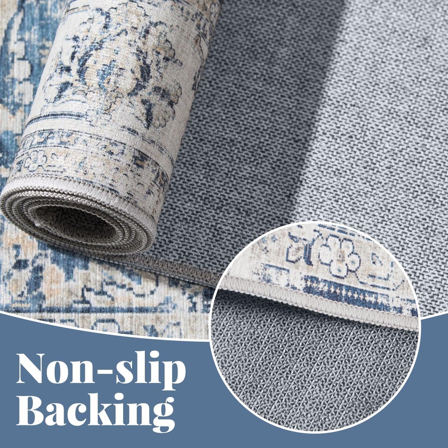 jinchan Hallway Runner Rug 3x7 Machine Washable Runner Rug Dark Blue Vintage Floral Design Non-Slip Low Pile Ultra-Thin for Kitchen Laundry Room Bedroom Farmhouse (3‘x7',Dark Blue)