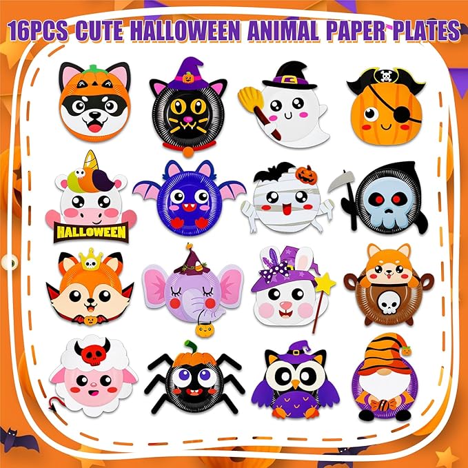 16 Pack Arts and Crafts for Kids, Toddler Crafts Animal Paper Plate Art Kit Gift for 3 4 5 6 Year Old Boys Girls DIY Kids for Birthday Party Favor Preschool Classroom Party Games (Halloween)