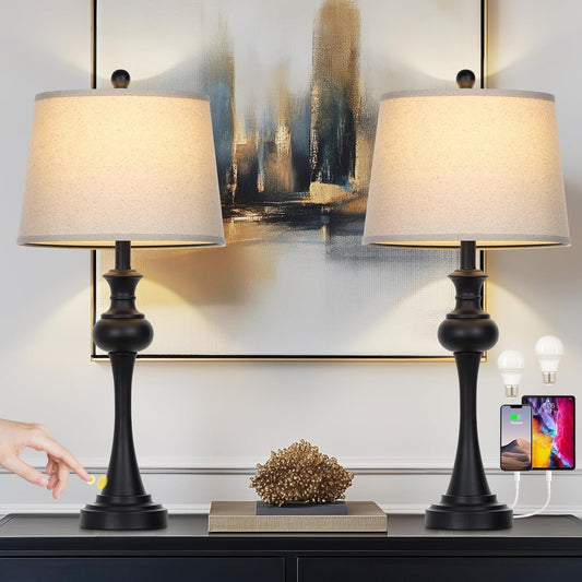 28.75" Black Table Lamps Modern 3-Way Dimmable Bedside Lamp with USB A+C Ports & AC Outlets for Living Room Bedroom Nightstand Lamp,Beige Fabric Shade Mid Century Accent Style