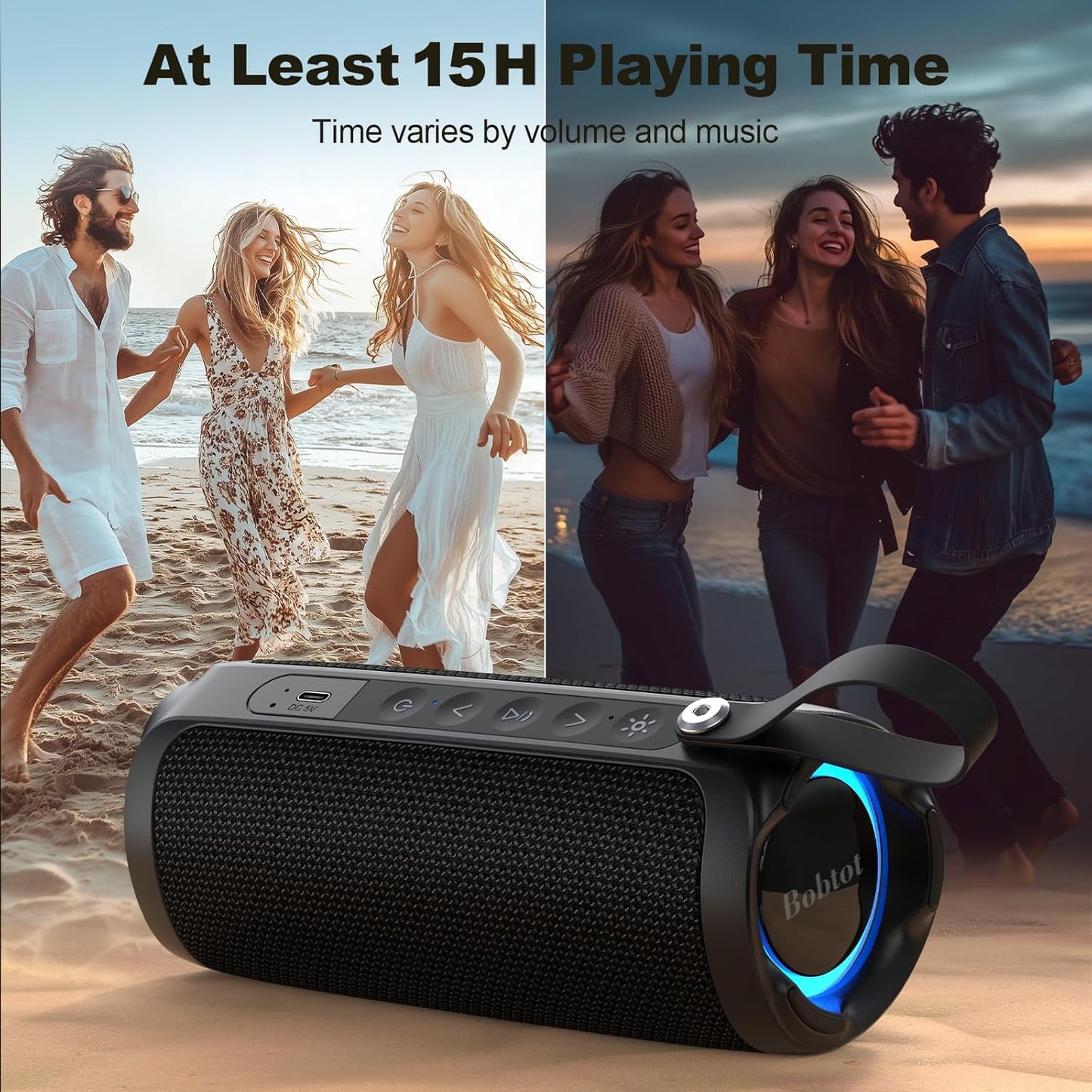 Bobtot Portable Bluetooth Speaker, IPX6 Waterproof Speaker with Punchy Bass, 15W Loud Sound, RGB, 15H Playtime, Dual Pairing for Party, Camping, Beach, Black