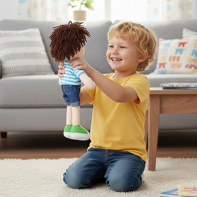 June Garden 14" Snuggle Cutie Benny – Best Big Brother Soft Plush Doll – Stuffed Boy Doll with Blue Striped Shirt and Green Shoes – Ideal Gift for Toddlers & Big Brother Celebrations - Blue M