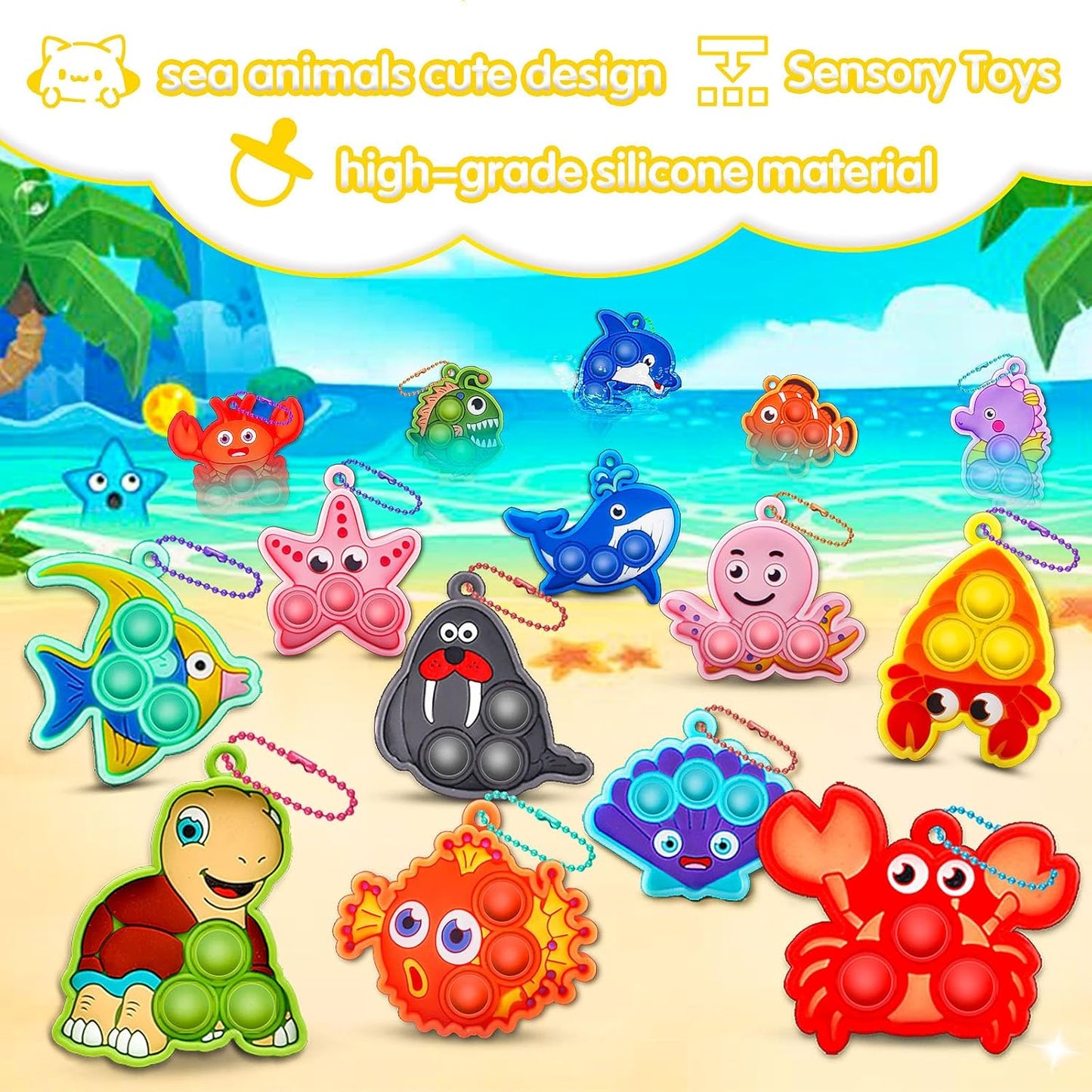Kiss Monkey Party Favors for Kids 16 PCS Sea Animal Mini Pop Keychain,Under The Sea Party Favors,Birthday Gifts,Goodie Bag Stuffers,Carnival Prizes,Fidgets Classroom Prizes