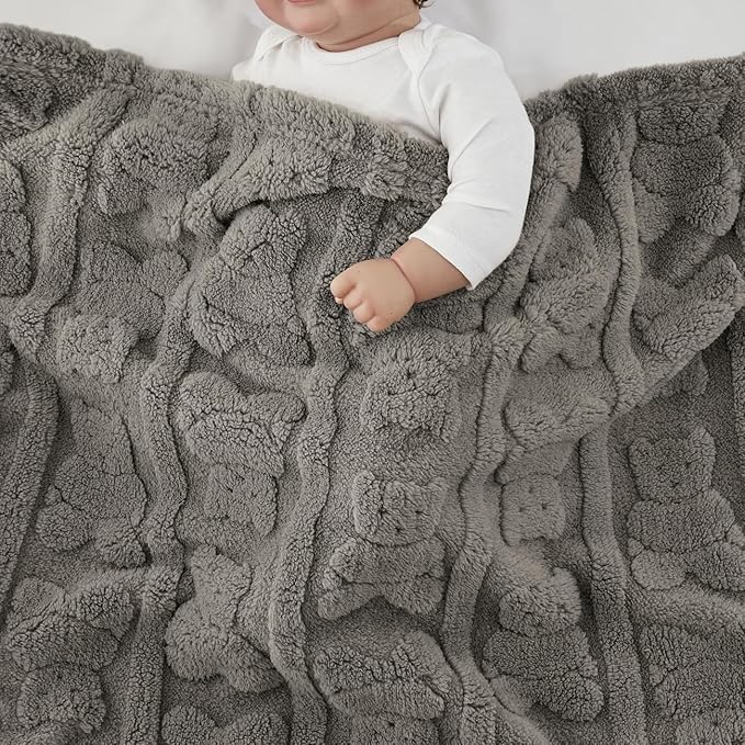 CREVENT 30"X40" Cozy Soft Warm Sherpa Baby Blanket for Girls Boys, Newborn Essentials for Infant, Baby Shower Receiving Gift - Tan Bear 75X100cm