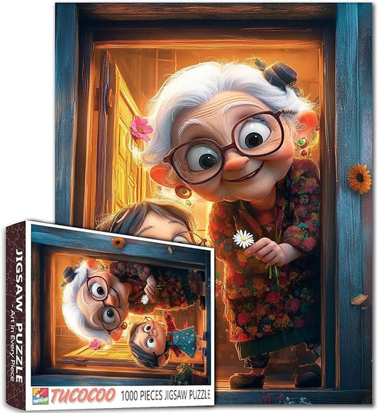 1000 Piece Jigsaw Puzzle for Adults Students White Haired Grandma and Girl Holding Daisy Puzzles Colorful Clothes Cozy Apartment 20×27 Inches Unique Art Gift Home Decor Fun Family Activity