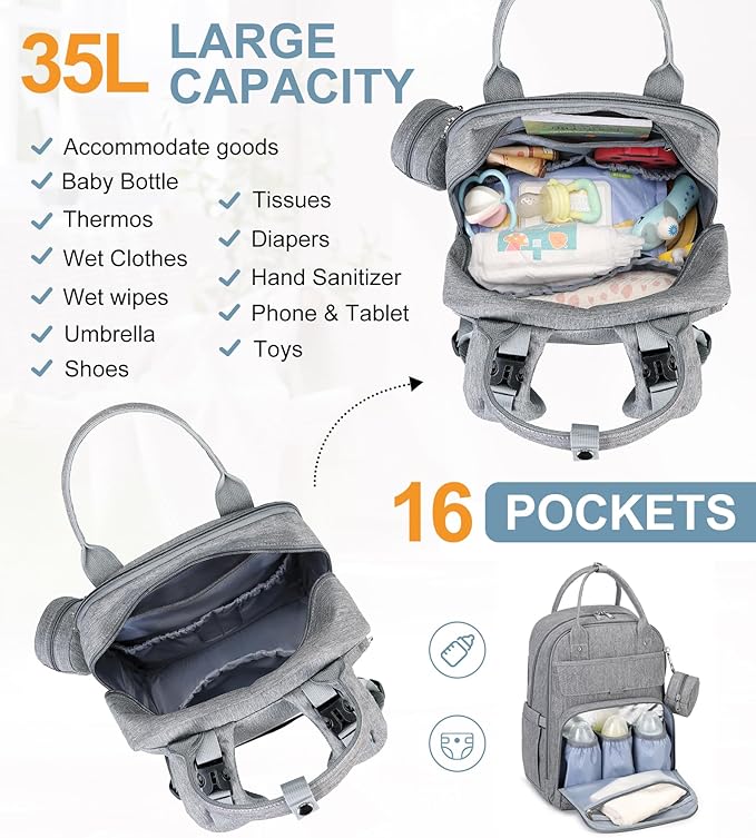 MOONBABY Diaper Bag Backpack, Baby Diaper Bags with Portable Changing Pad and Pacifier Case, Multifunctional Travel Diaper Backpacks, Unisex Baby Bags, Grey