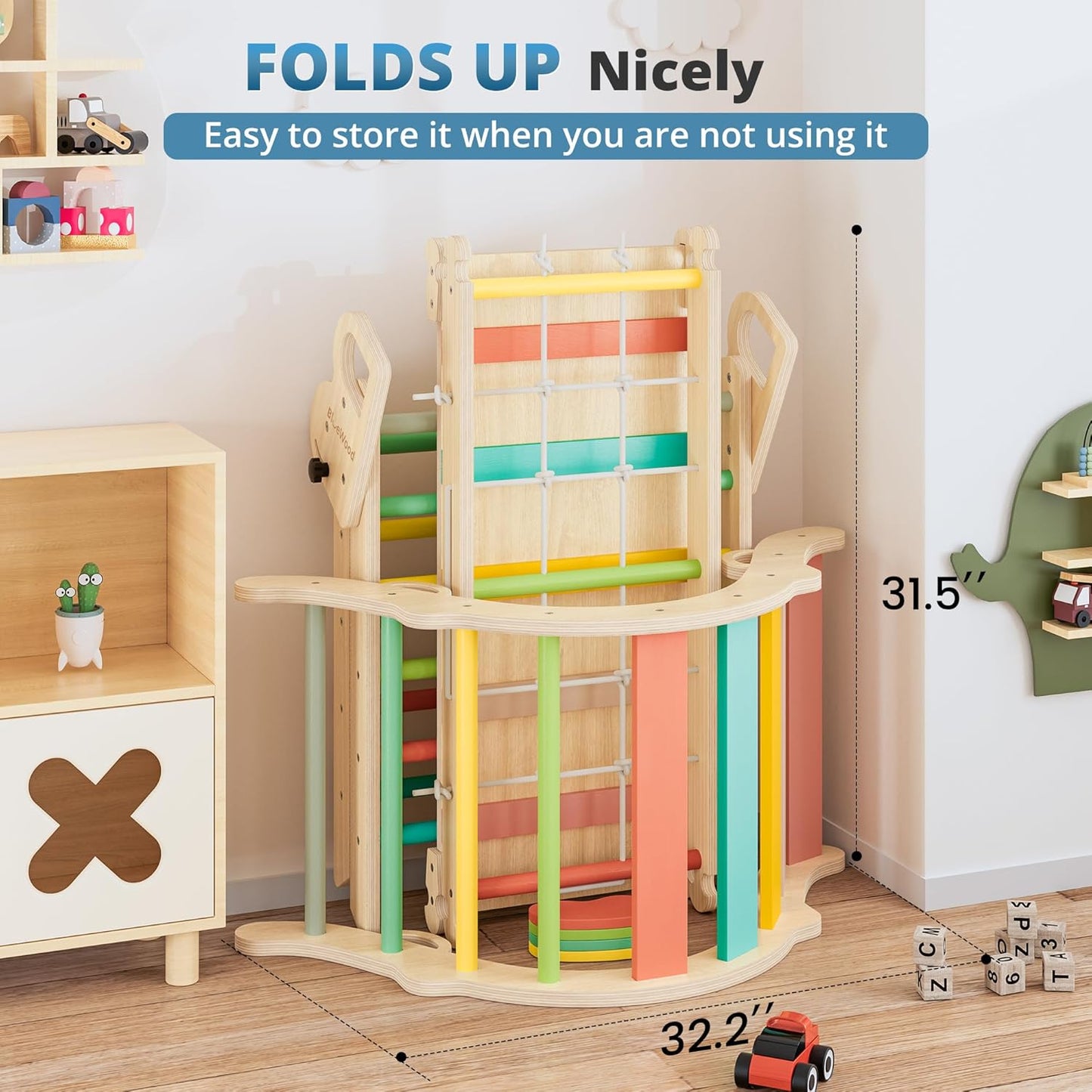 BlueWood 10-in-1 Pikler Triangle Set, Toddler Climbing Toys Indoor, Montessori Climber, Baby Jungle Gyms with Arch, Extra Rope Ladder & Footprint Balance Beam - Rose Garden