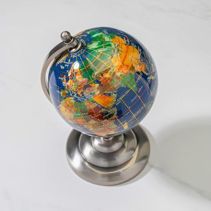 KALIFANO 7” Tall Gemstone Globe with Vibrant Polished Lapis Ocean and Mosaic Crystal Continents - World Globe with Metal Stand for Office & Home Décor