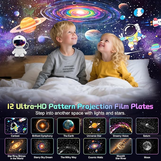 Space Galaxy Night Light Projector, Ultra-HD Astronaut Design, 12 Film Discs, LED Display with Adjustable Brightness
