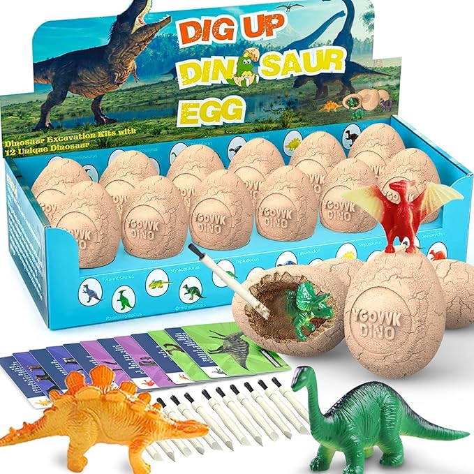 Dinosaur Eggs Dig Kit - Dinosaur Toys for Kids - Break Open 12 Easter Dino Eggs with 12 Surprise Dinosaurs Inside - Science STEM Birthday Class Activity Party Gifts for Boys Girls