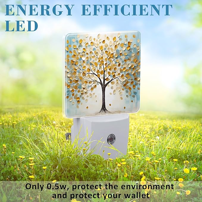 Plug in Night Lights Golden Tree Of Life Oil Painting Nightlight Plug Into Wall Dusk to Dawn Sensor LED Night Light for Kid Girls Boys Women Room Decor,Hallway,Kitchen,Bathroom,Nursery,Stairs