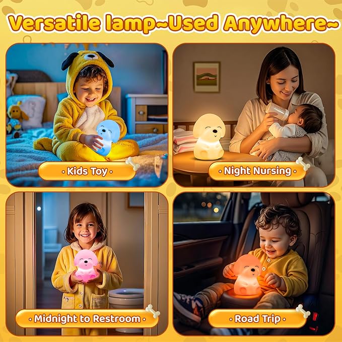 Night Light for Kids | 16 Colors & 2 Brightness & 30/60min Timer & Soft Silicone & 10h Use | Cute Night Light for Baby Nursery Kids Nightlight Dog Lamp, Kawaii Room Decor Puppy Gifts for Boys & Girls