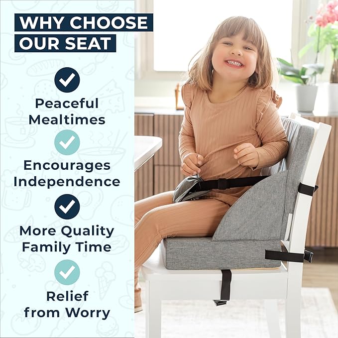 Toddler Booster Seat for Dining Table Kitchen Chair - High Portable Cushion Child Kids Seats, Restaurant Eating Chair with Adjustable Straps & Non-Slip Base