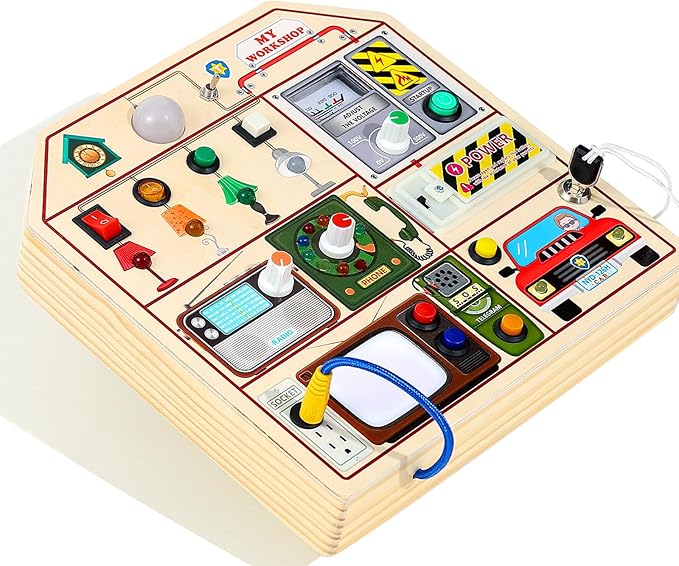 JAUNTY Montessori Wooden Busy Board for Toddlers 3 4 5 Years Old, Wooden Sensory Toddler Toys with LED Light Switches, TV Radio Telegram and Car Driving, Travel Toys Birthday for Boys Girls