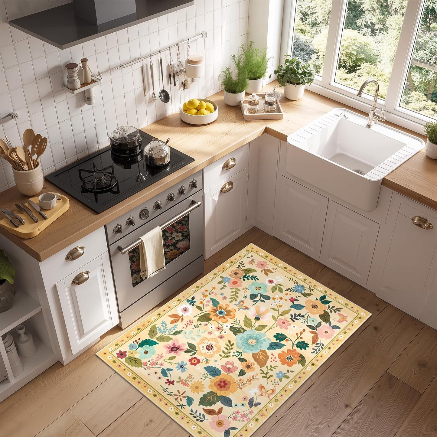 Floral 2x3 Area Rug Machine Washable Soft Print Boho Carpet Non Slip Doormat Low Pile Flower Area Rugs for Living Room Bedroom Nursery Kitchen Dining Room Indoor-Ivory/Yellow