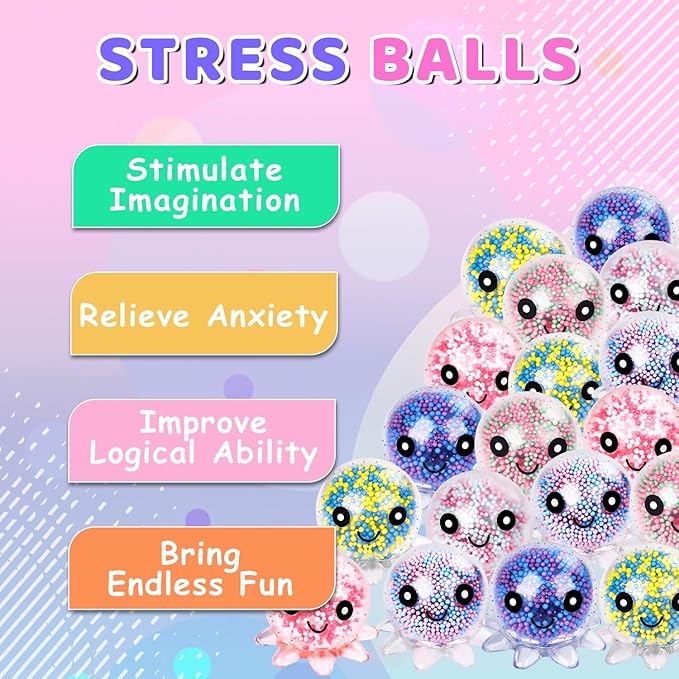 12 Pack Fidget Stress Balls for Adults, Cute Octopus Stress Relief Stress Ball, Bulk Squishy Squeeze Ball Set and Birthday Party Favors