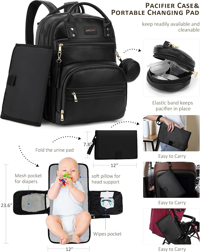 Premium Vegan Leather Diaper Bag Backpack with Waterproof Changing Pad, Reinforced Zippers & Odor-Free, 20 Pockets Pro Organizer, Fits 15.6" Laptop, Stroller Straps, Baby Bag for Mom, Black