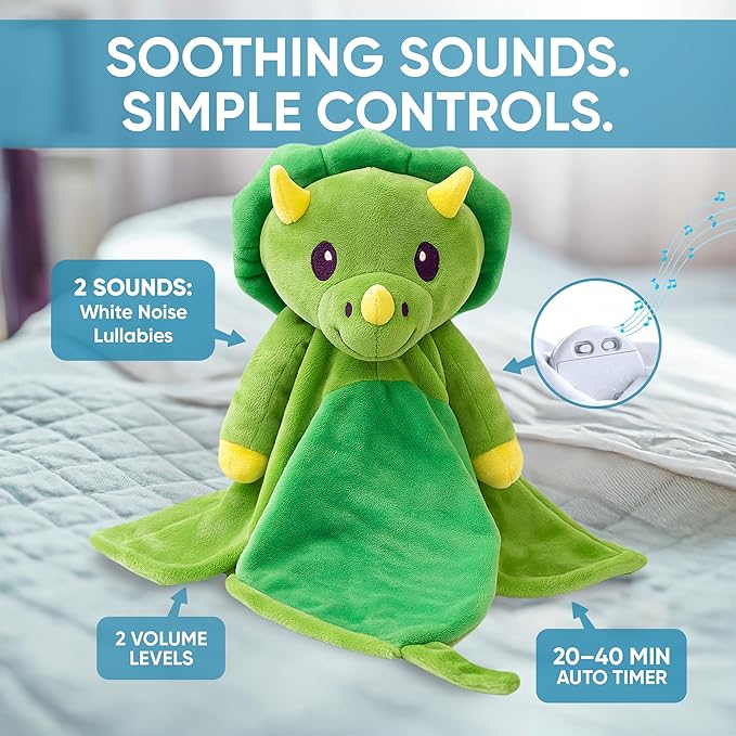 Baby Sleep Soother Green Dino Plush with Heartbeat & Lullaby Sounds, 4-in-1 Sound Machine, Security Blanket & Pacifier Holder, Baby Registry Essential & Christmas Gift for Newborns, Infants & Toddler