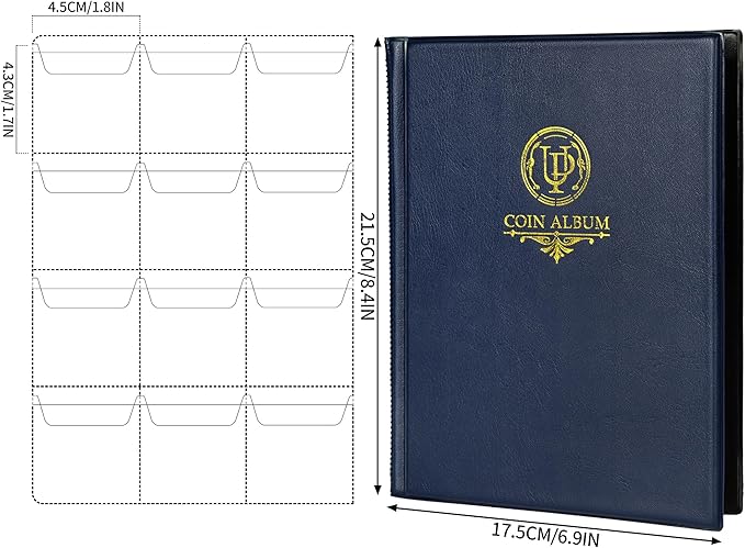120 Pockets Coin Album - Coin Collecting Book with 10 Pages, 45x43 mm Grid Holder for Pounds Pence Cents Dollars Nickel (Blue) CS48120BL