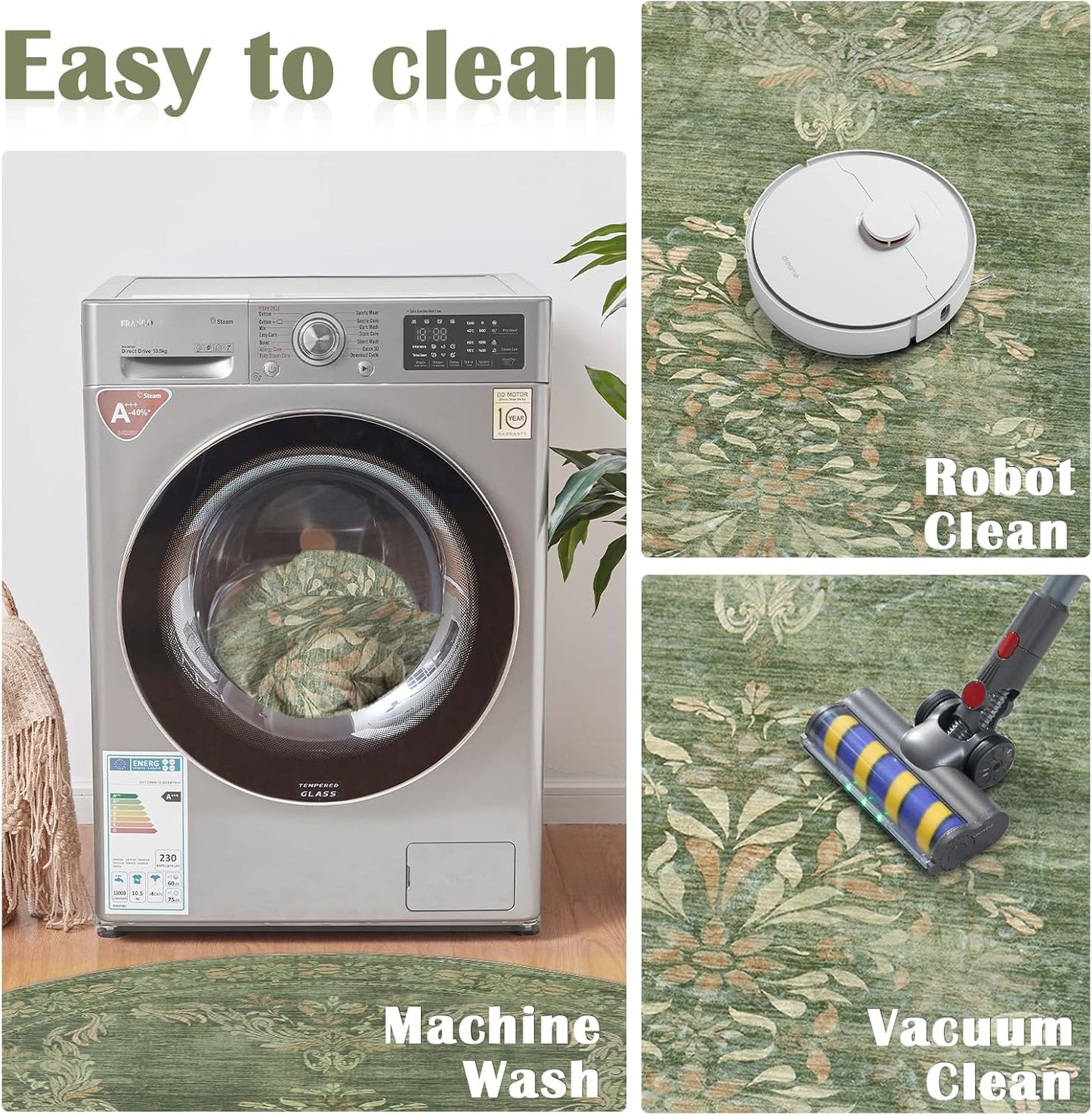 jinchan Round Rug 4ft Area Rugs Vintage Floral Distressed Design,Machine Washable Soft Non-Slip Low-Pile Ultra-Thin Circle Rug for Entryway Bedside Living Room Kitchen Nursery (4' Round,Dark Green)