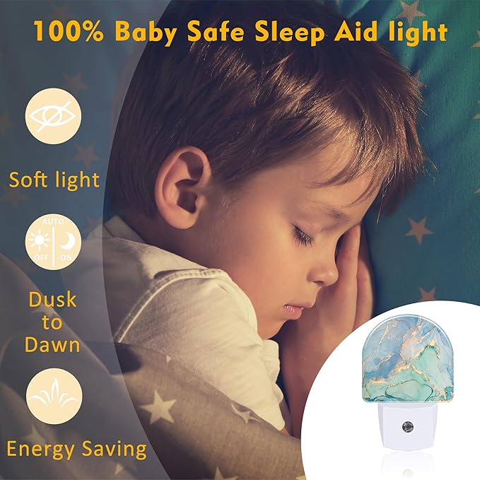 Teal Blue Marble Night Light Plug into Wall, Gold Luxury Marble Dusk to Dawn Night Light,0.5w Energy Saving Sleep Friendly Nightlights for Kids Boys Girls Home Decor