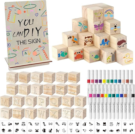 117 Pcs Baby Shower Blocks to Decorate Game Kit Includes 52 Wooden Blocks 24 Markers 1 Game Sign 40 Templates to Paint (Wood)