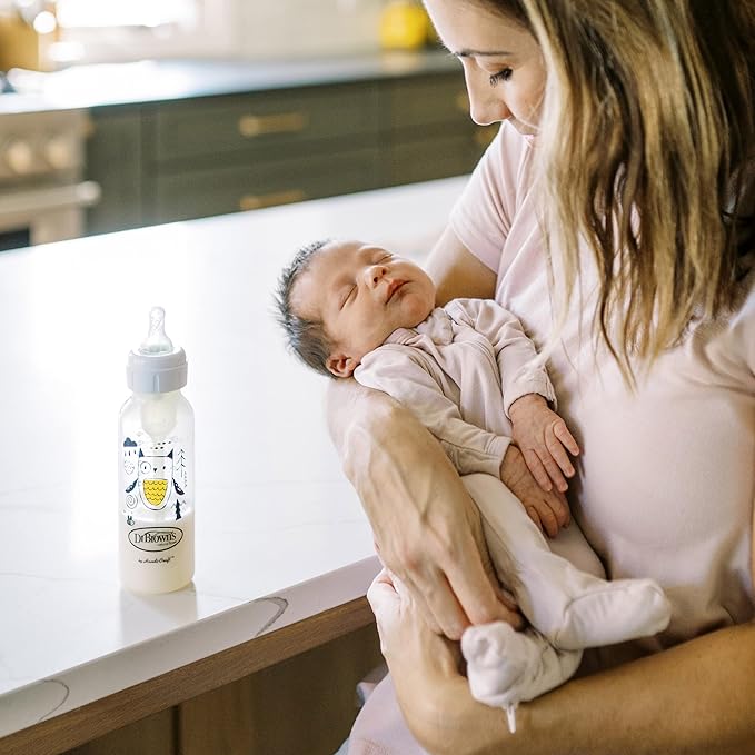 Dr. Brown's Natural Flow Anti-Colic Options+ Narrow Baby Bottle, Bear & Owl, 8 oz/250 mL, with Level 1 Slow Flow Nipple, BPA Free, 0m+, 2-Pack