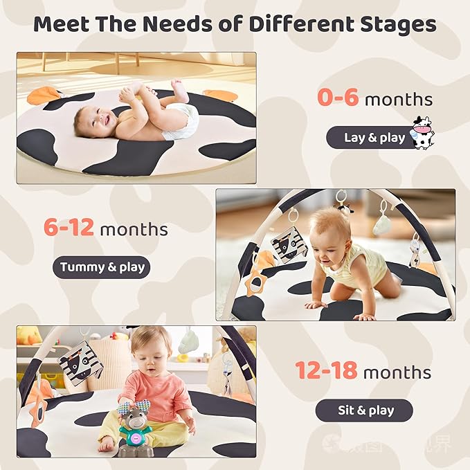 2PM SPORTS Cow Theme Baby Play Mat, Tummy Time Mat for Infant Newborn, Baby Play Gyms & Playmats for 0-3 3-6 6-12 Months, Activity Mat 5 Detachable Toys, Non Slip Gym Mat Easy to Install & Clean