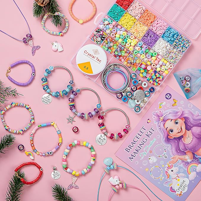 Charm Bracelet Making Kit - 2400+ Pcs Jewelry Making Kit with Clay Beads, Letter Beads, Smiley Face, Evil Eye, Fruit Charms, Unicorn Mermaid Pendants & Charm-Style Beads for DIY Bracelets & Necklaces