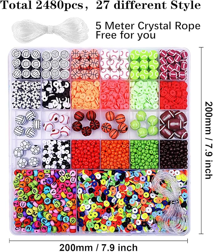 2480pcs Sports Ball Polymer Clay Beads Charms for Friendship Bracelets Making Kit Cute Fun Beads DIY Arts Crafts Birthday Gifts for Kids Girls Baseball Basketball Soccer Rugby Volleyball Football Bead