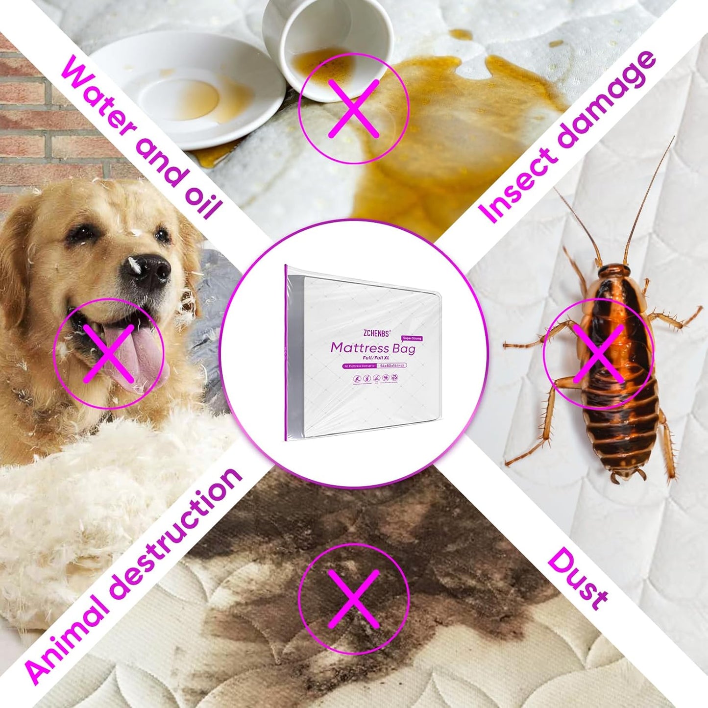 ZCHENBS® – Mattress Bags for Moving and Storage,Mattress Bag with Zippers,5 Mil Ultra-Thick Bed Bag,Waterproof,Anti-Tear,Heavy-Duty Mattress bag (Tansparent/Purple, Full/Full XL-(2 Pack))