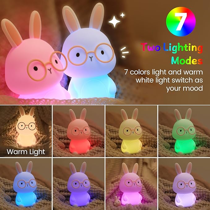 Bunny Night Light, Rabbit Lamp for Kids, Rechargeable LED Nightlight for Easter Gift,Silicone Bedside Lamp with Touch Color Changing,3 Levels Dimmable/Timmer Nursery Bedroom Light,Room Decor