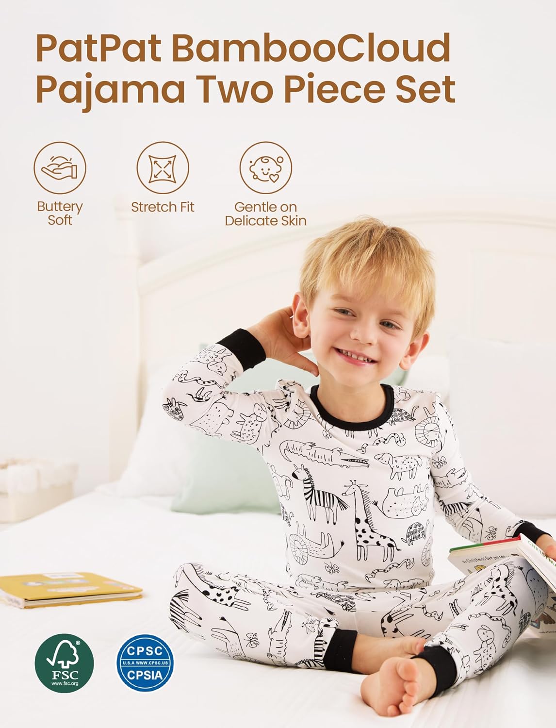 PATPAT Bamboo Viscose Pajama Set for Toddlers with Improved Tensile Strength, Snug Fit Pjs Sleeper for Baby Boys Girls Kids