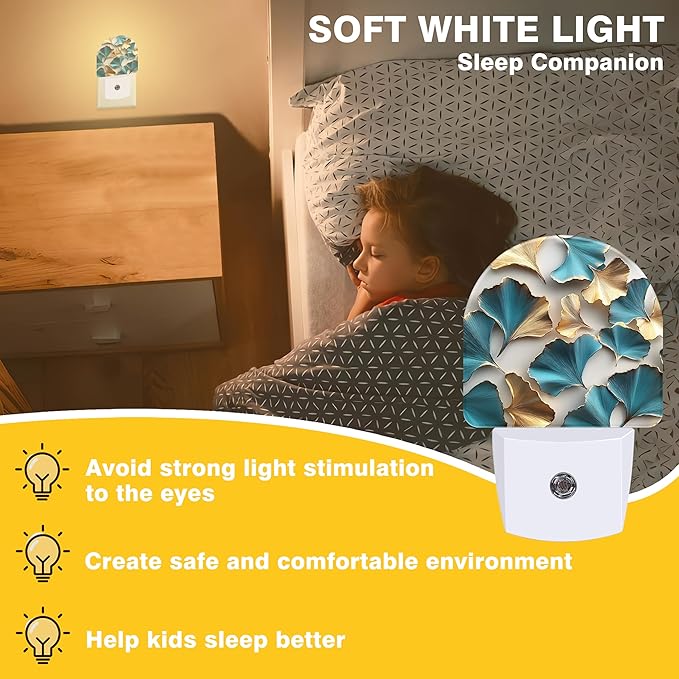Night Light, Turquoise and Gold Ginkgo Leaves Night Lights Plug into Wall Dusk to Dawn Sensor Round Nightlight for Women Men Energy Efficient Led Lamp 0.5W for Stairway Hallway Bedroom
