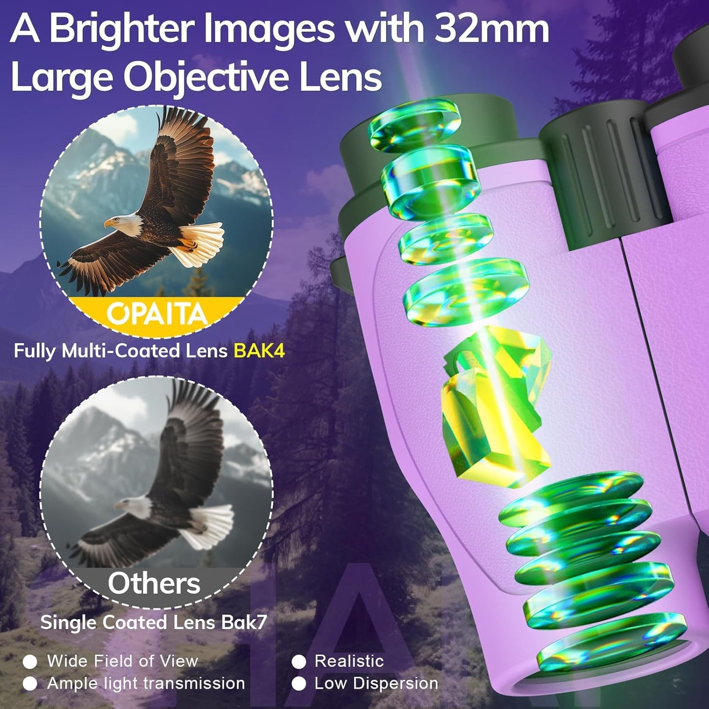 Compact Binoculars for Adults High Powered - OPAITA 20x32 Small Binoculars for Adults Kids with Low Light Vision for Hunting Cruise Ship Travel Concert Hiking Violet