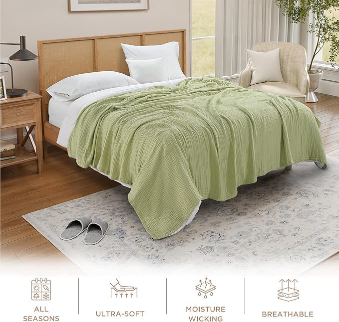 Threadmill King Size Muslin Blanket | 4 Layer Lightweight Gauze for All Seasons | Soft, Breathable, and Cozy Picnic Blankets | Lighweight Summer Blanket Fits Cal King Size Bed | Sage Green