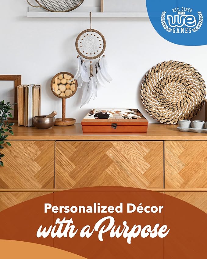 WE Games Wooden Memory Box for Keepsakes – Vintage Decorative Storage Box with Lid - Light Cherry Finish with Image Color Print