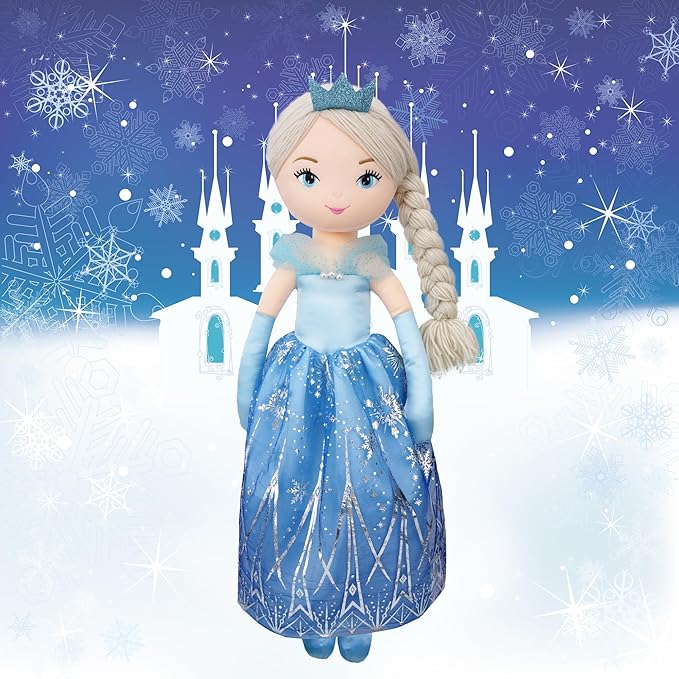 June Garden 30" XL Princess Marina Crystalheart Soft Rag Doll - Adorable Stuffed Life Size Doll Gift for Girls - Blue Dress