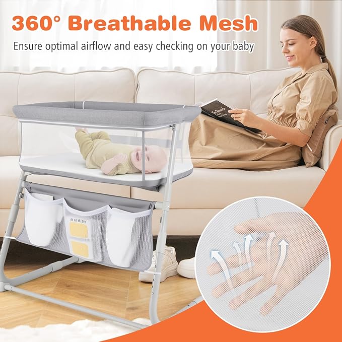 BABY JOY Bassinet, Bedside Crib w/Adjustable Height, Comfy Mattress, Full-Mesh Sides and Storage Pockets for Newborns Infants, Baby Bassinets Bedside Sleeper for Safe Co-Sleeping