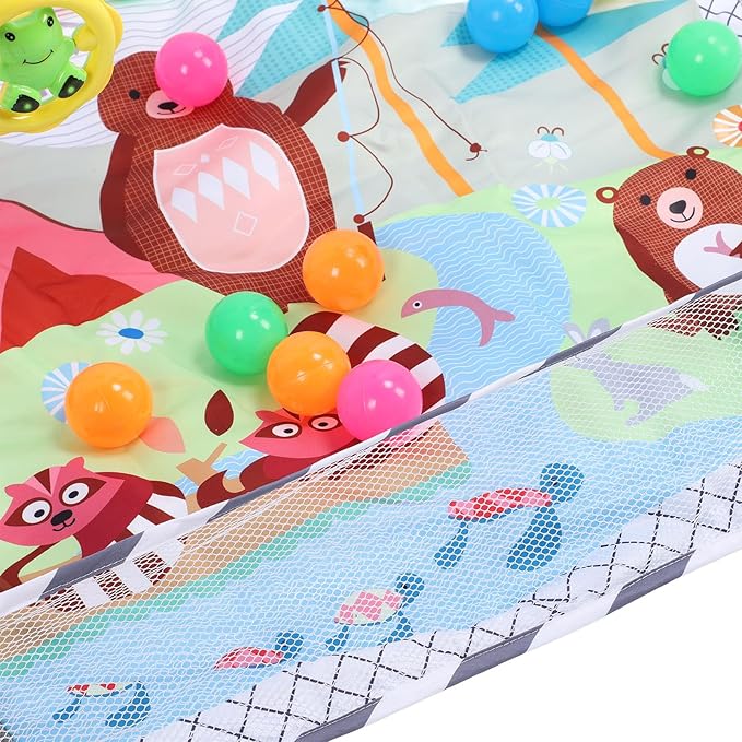 Baby Gym Play Mat, Cotton Playmats & Floor Gyms Portable Tummy Time Mat with 20Pcs Soft Ocean Balls Hanging Toys, Baby Mats for Floor Play