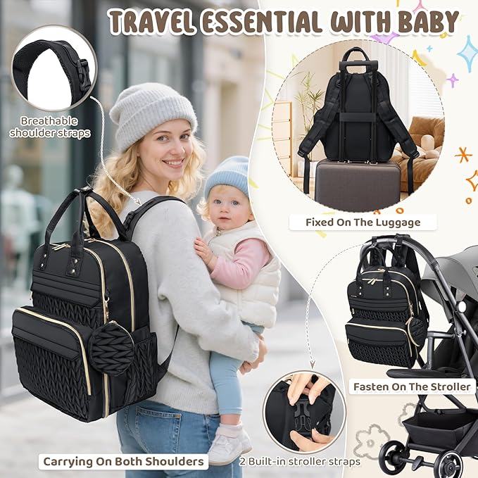 CandyHome Diaper Bag Backpack, Stylish Travel Baby Diaper Bags with Changing Pad, Insulated Pockets, Waterproof Baby Bag Converts into Tote Bag, Diaper Backpack, Stroller Bag (Black)
