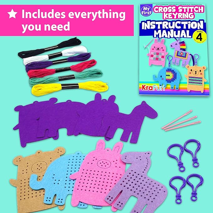 KRAFUN Cross Stitch Kits for Kids Beginners, 4 Cross Stitching Keyrings Arts & Crafts with Animals, Unicorn, Needlepoint Embroidery Kit for Girls 5-13 Craft Kit Backpack Charms, Ornaments