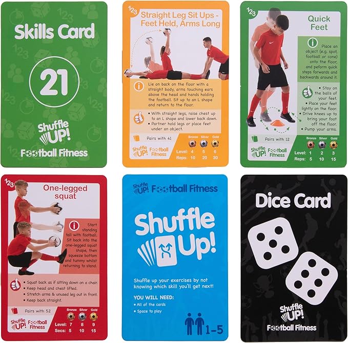 Shuffle Up Soccer Card Games - 70+ Fun & Active Skills Cards for Kids, Fitness Cards Develop Fundamentals, Stamina & Strength, Easy to Play for Kids | Multiple Skills Level Card Include 2 Dices