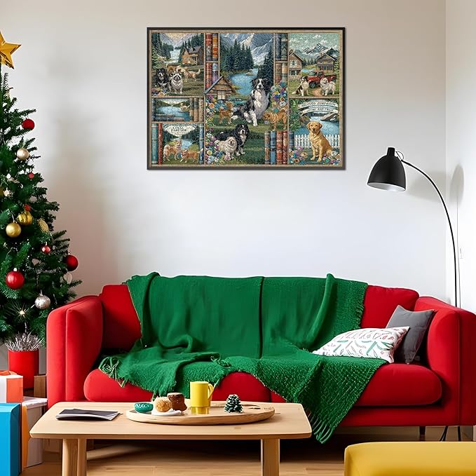 Jigsaw Puzzles for Adults 1000 Pieces, Rocorose Dogs Bookshelf Nature Landscape Puzzle Difficult Animal Jigsaw Puzzles for Family Challenging for Game Night Puzzle Book Home Decoration