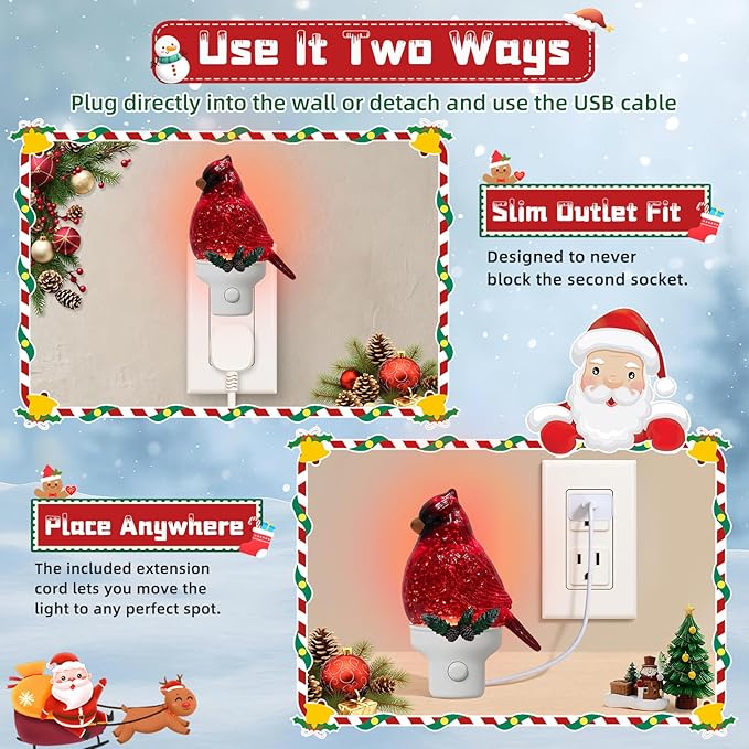 Christmas Cardinal Night Light Plug into Wall Swirling Glitter USB Portable Christmas Decorative Night Light Decoration for Kids Adults Bedroom Kitchen Living Room Holiday Decor (Cardinal)