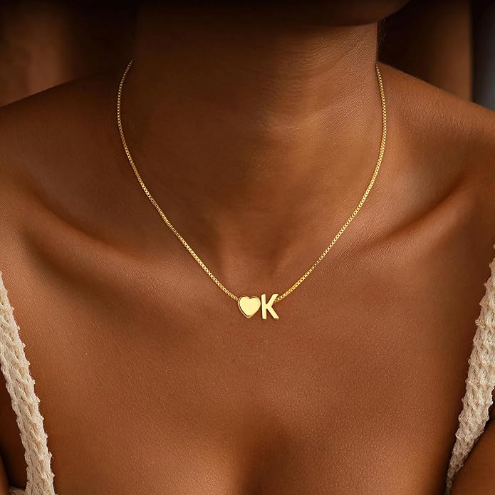 Gold Initial Necklaces for Women Girls, 18K Gold Plated Letter A-Z Heart Pendant Necklace Dainty Gold Initial Necklaces for Women Girls Birthday Gifts Jewelry