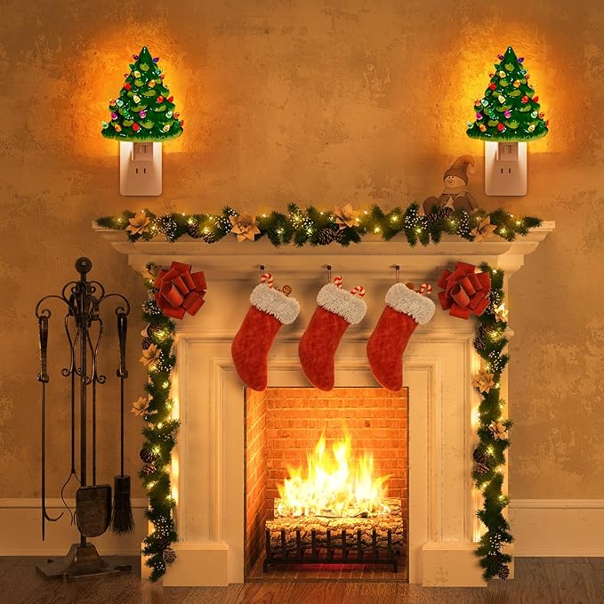 Brightown Ceramic Christmas Tree Night Light - 2 Pack 6" Christmas Decorative Ceramic Tree with ON/Off Switch, Vintage Christmas Night Light for Bedroom Bathroom Porch Holiday Decor