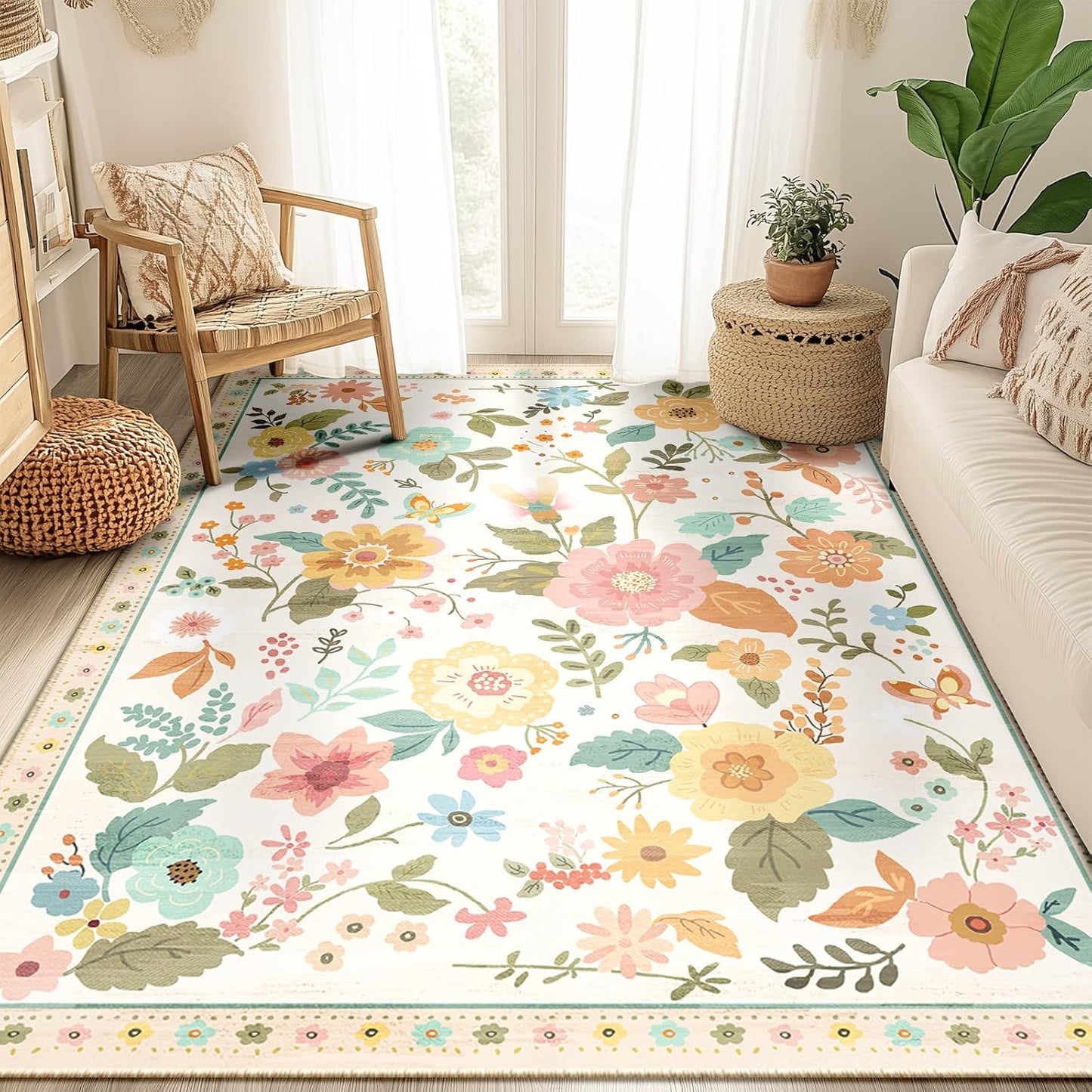 Floral 5x7 Area Rug Machine Washable Soft Print Boho Carpet Non Slip Doormat Low Pile Flower Area Rugs for Living Room Bedroom Nursery Kitchen Dining Room Indoor-Beige/White/Orange