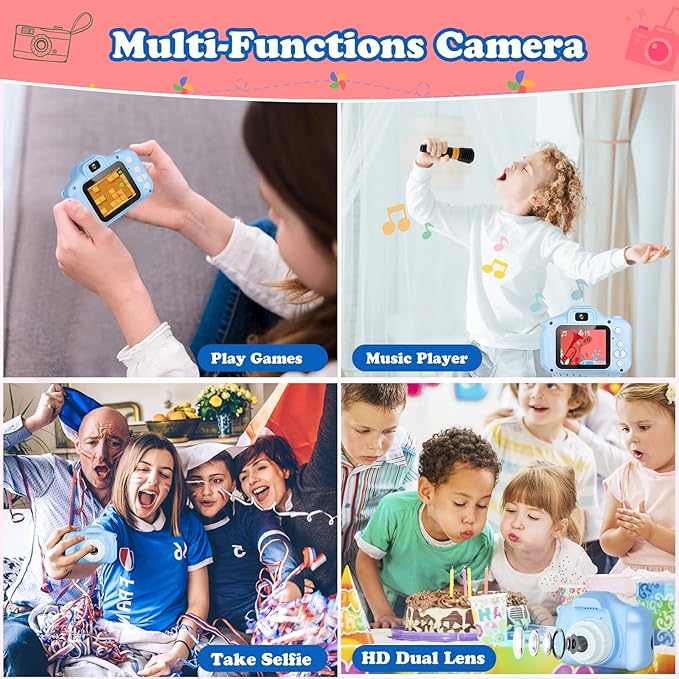Kids Camera, HD Digital Video Camera, Childrens Toys for 3 4 5 6 7 8 9 Year Old Boys/Girls, Selfie Camera for Kids, Christmas Birthday Gifts with 32GB SD Card (Blue)