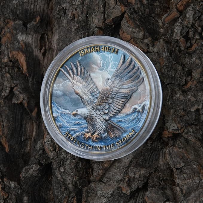 1.57 Inch Zinc Alloy Double-Sided 3D Eagle Challenge Coin - Colorful Inspirational Design with Isaiah 40:31, Strength in The Storm Theme