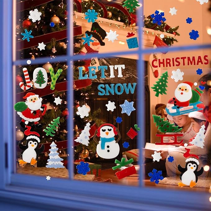 Christmas Window Clings Gel - 6 Sheets of Snowman, Blue Snowflakes, Penguin and Santa Claus, Winter & Holiday Designs for Glass Windows